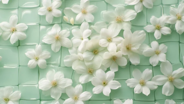 Cream and mint floral grid pattern, high resolution wallpaper for floral desktop aesthetics.