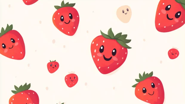 Cream pastel backdrop with kawaii strawberries, cartoon eyes, diagonal design, minimal line art.