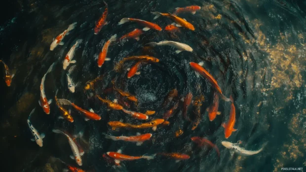 Creating a mesmerizing pattern in clear water with subtle reflections of the sky, a group of vibrant koi fish swim in a circle.