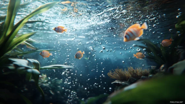 Creating a peaceful atmosphere with water bubbles, a close up of a fish tank reveals exotic angelfish and neon tetras among a variety of coral and aquatic plants.