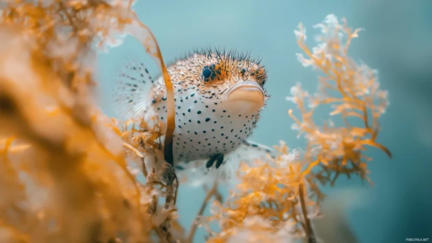 Creating a peaceful oceanic atmosphere, a pufferfish in its natural habitat is inflated and surrounded by soft light and delicate underwater plants.