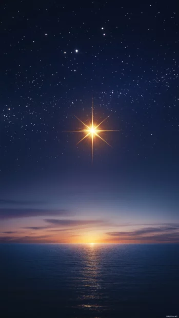 Creating a powerful and serene focal point, a large, glowing golden star sits in the center of a deep midnight blue sky, with soft light radiating from it.