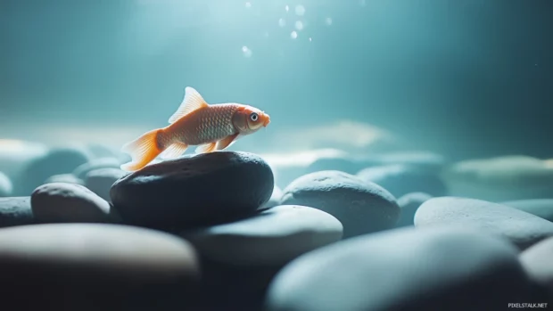 Creating a zen like vibe, a serene fish tank features a single koi fish swimming gracefully, surrounded by minimalistic decor, simple rocks, and pebbles.