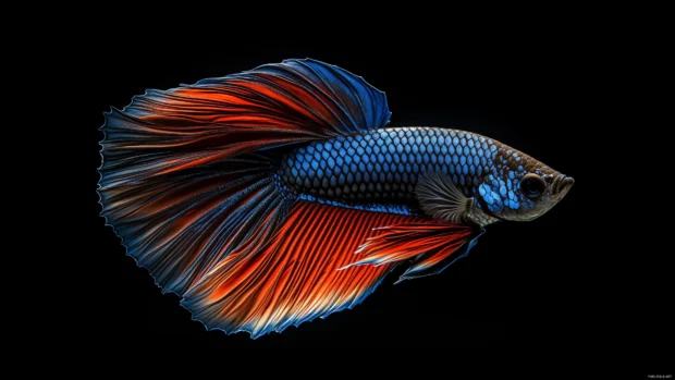 Creating ripples in the water of an elegant aquarium, a betta fish with its vivid red and blue fins spread wide is captured mid motion.