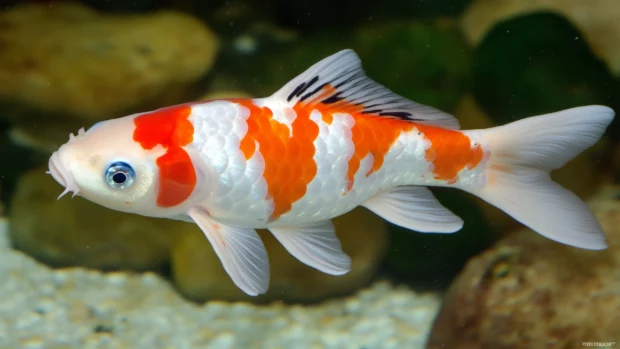 Creating soft reflections of its colors in clear, still water, a close up captures a koi fish with intricate scale patterns swimming calmly.