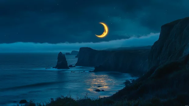 Crescent moon hanging low over ocean cliffs.