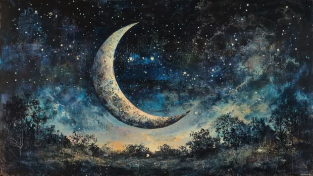 Crescent moon in layers of spray tagged night sky.