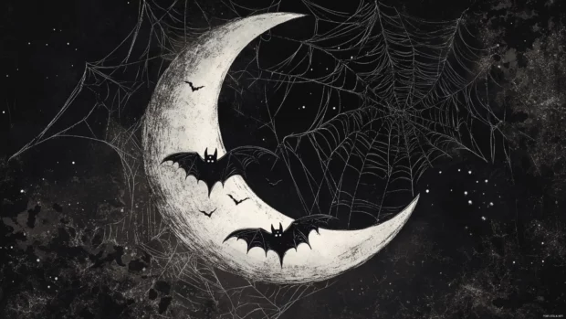Crescent moon with spiderwebs wrapped around smiling bats.