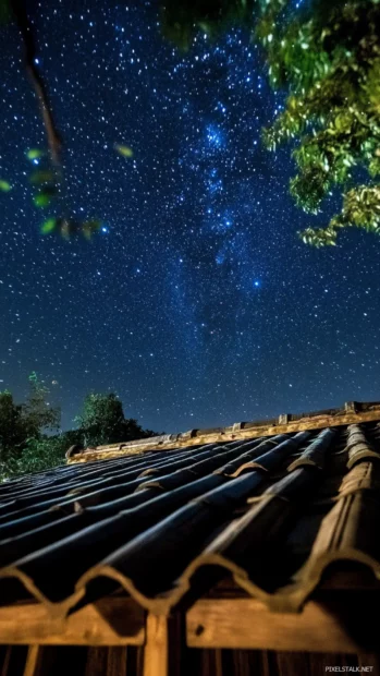 Crickets singing under a starry roof.