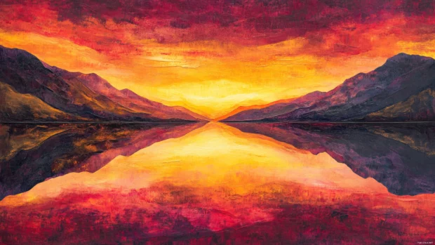 Crimson and gold reflect across a mountain lake at sunset.