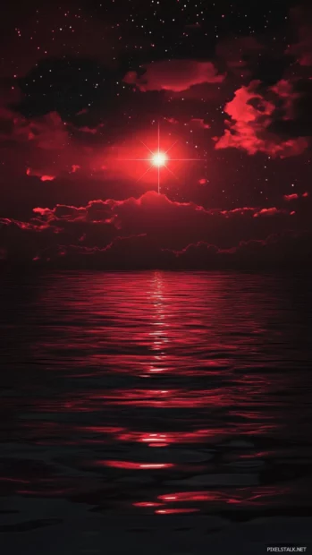 Crimson reflections of a lone red star on dark waters, dancing with the magic of radiant ruby starry night.