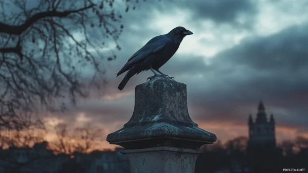 Crow perched on a crumbling statue at dusk.
