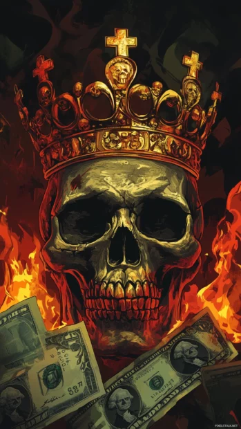 Crowned skull with a stern look, surrounded by dollar bills and flames, in a sharp and edgy vector style.