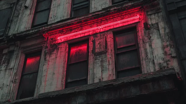Crumbling building outlined by soft black neon.
