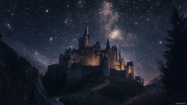 Crumbling castles hidden beneath black starry night.