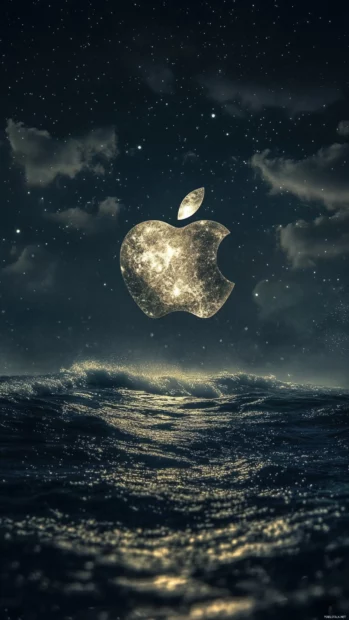 Crystal Apple logo glowing under moonlight over a dark sea.
