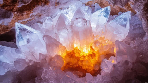Crystal cave glowing with internal light.