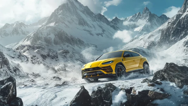 Crystal clear Lamborghini Wallpapers with a yellow Urus driving through icy mountain terrain.