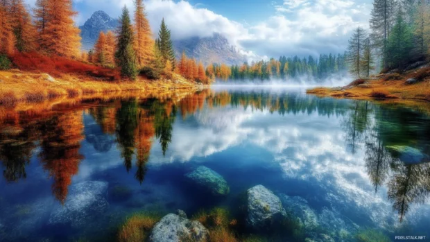 Crystal clear lake with mirror reflection of trees, a calming HD wallpaper for PCs.