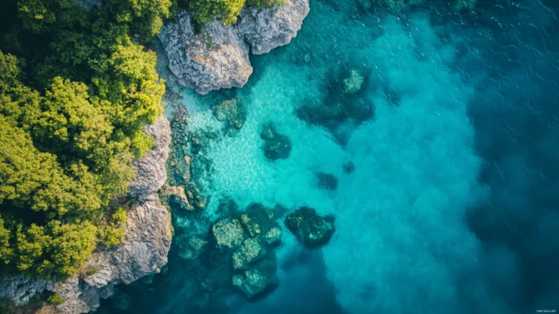 Crystal clear turquoise waters under a summer sky, exotic destination, a must have summer desktop 4K wallpaper.