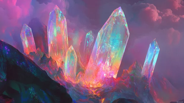 Crystal formations refracting light into a spectrum of colors, a dazzling and pure trippy brilliance.