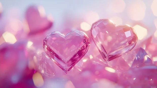 Crystal hearts reflecting light in a Pink Girly dreamscape.