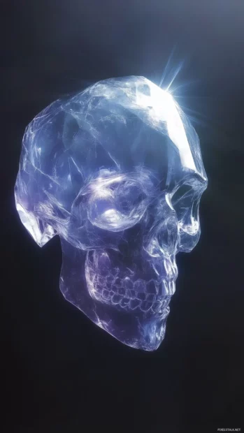Crystal like blue skull with light passing through, creating delicate refractions and shimmering highlights, against a dark background.