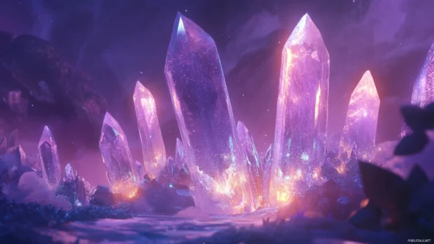 Crystal shards rotating slowly in a magical glow.
