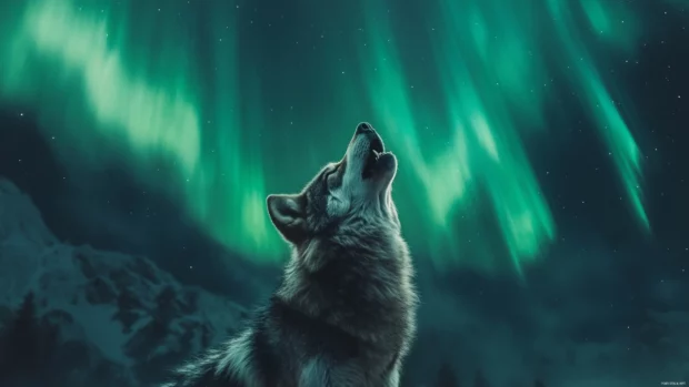 Crystalline wolf howling at a sky painted with auroras.
