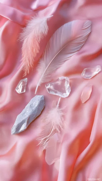 Crystals and feathers laying on top of pink silk.