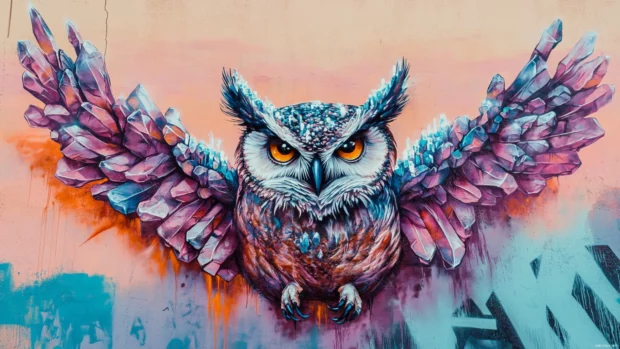 Crystals growing from owls wings in graffiti against soft pink sky.