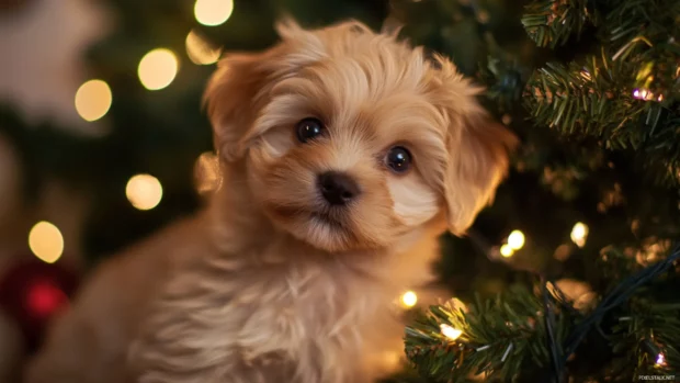 Cuddly puppy beside a Christmas tree glowing with fairy lights, great for desktop holiday lovers.