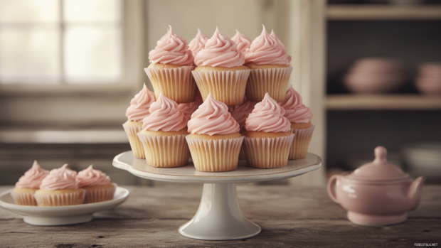 Cupcake tower with soft pink frosting arranged in a vintage setting.