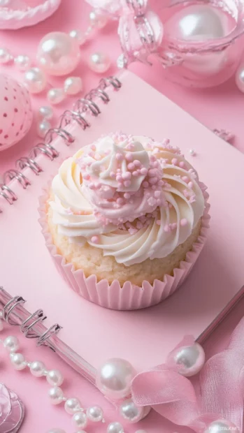 Cupcakes, pearls, and pastel notebooks shine in this pink wallpapers for girls 4K scene.