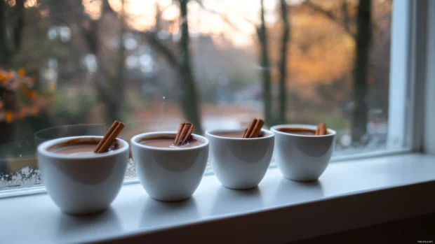 Cups of hot chocolate with cinnamon sticks on a windowsill, often used in cozy autumn wallpapers.