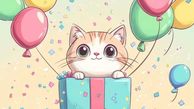 Curious cat in gift box, colorful confetti, balloons, festive party vibe.