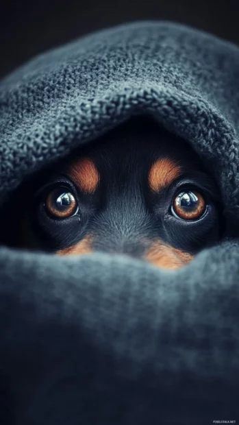 Curious eyes peek out from a hoodie pocket in this cute puppy mobile wallpaper concept.