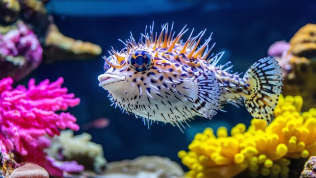 Curious pufferfish, ocean floor exploring, spiky body puffed, swimming past bright coral marine life.