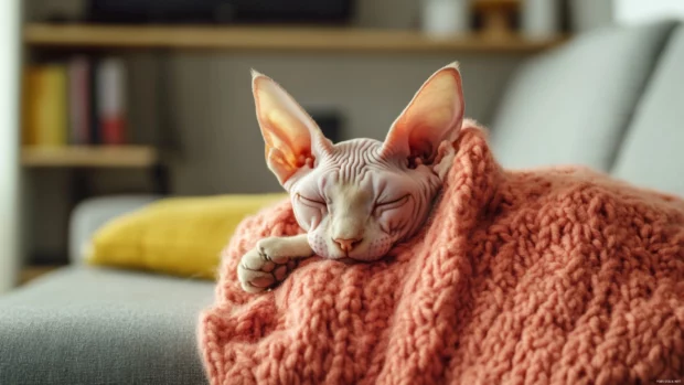 Curled up Sphynx cat wearing a hand knit sweater in a modern room.