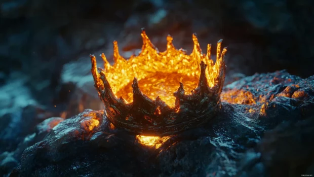 Cursed crown glowing atop a broken throne deep in the earth.