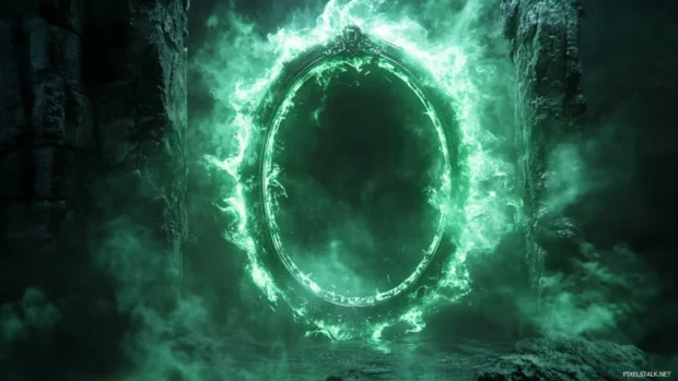Cursed mirror glowing with green magical aura.