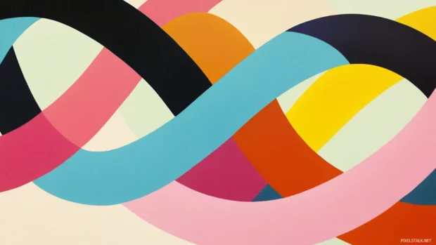 Curved color bands looping around each other on neutral base.