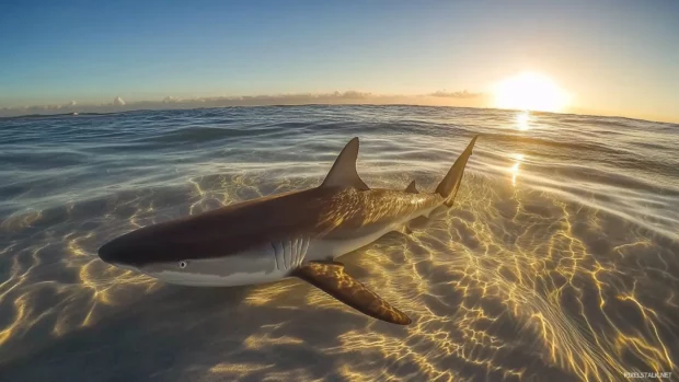 Curved motion of shark highlighted in morning light.