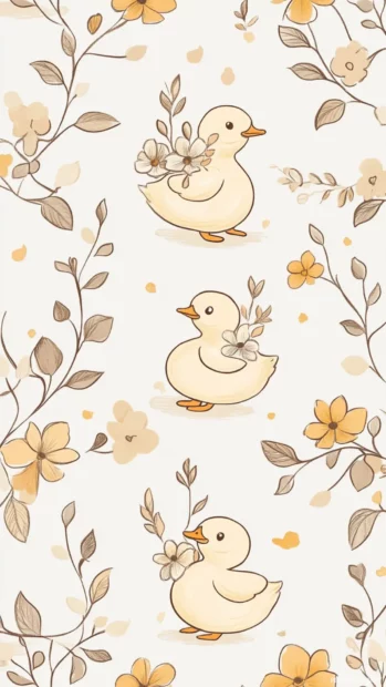 Cute Aesthetic Duck Wallpapers pattern featuring doodle style ducks holding flowers in soft color palette.