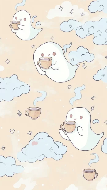 Cute Cartoon ghosts sipping tea on clouds create a gentle tiled rhythm over beige.