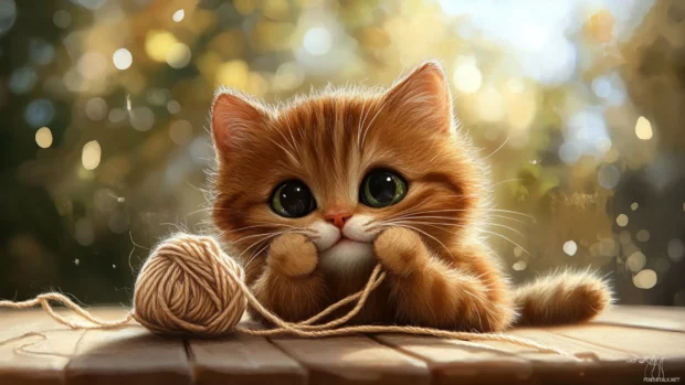 Cute Cat PC Wallpapers showcasing a chubby cat playing with yarn.