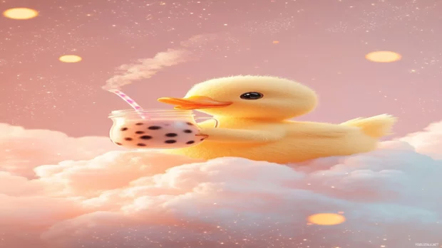 Cute Duck Phone Wallpapers showing a duck sipping boba tea while sitting on a cloud with sparkles around.