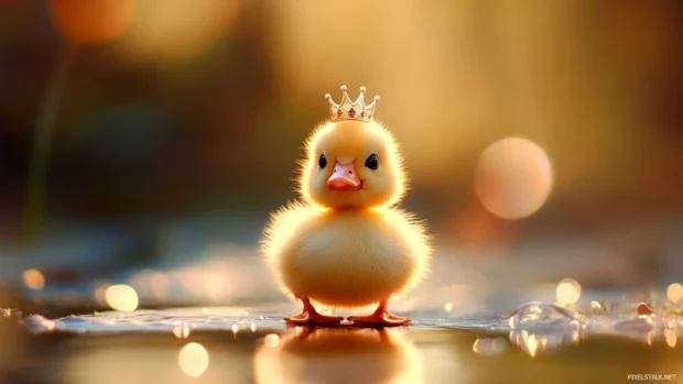 Cute Duck Wallpapers featuring an adorable fluffy duckling with oversized eyes and a tiny crown.