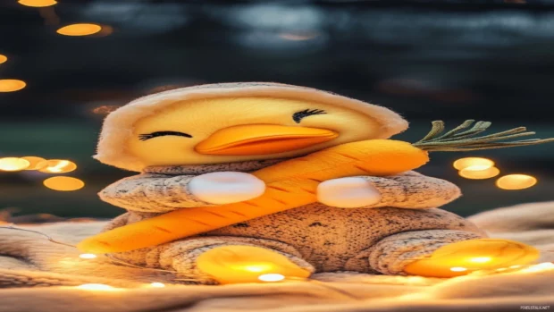 Cute Duck Wallpapers of a yellow duck in pajamas cuddling a plush carrot under fairy lights.