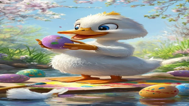 Cute Duck Wallpapers showing a duck happily painting eggs for a festive scene full of color.
